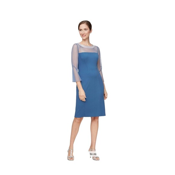 ALEX EVENINGS Wedgewood Crystal Neckline Illusion Crepe Dress NWT 16 P - Picture 1 of 7